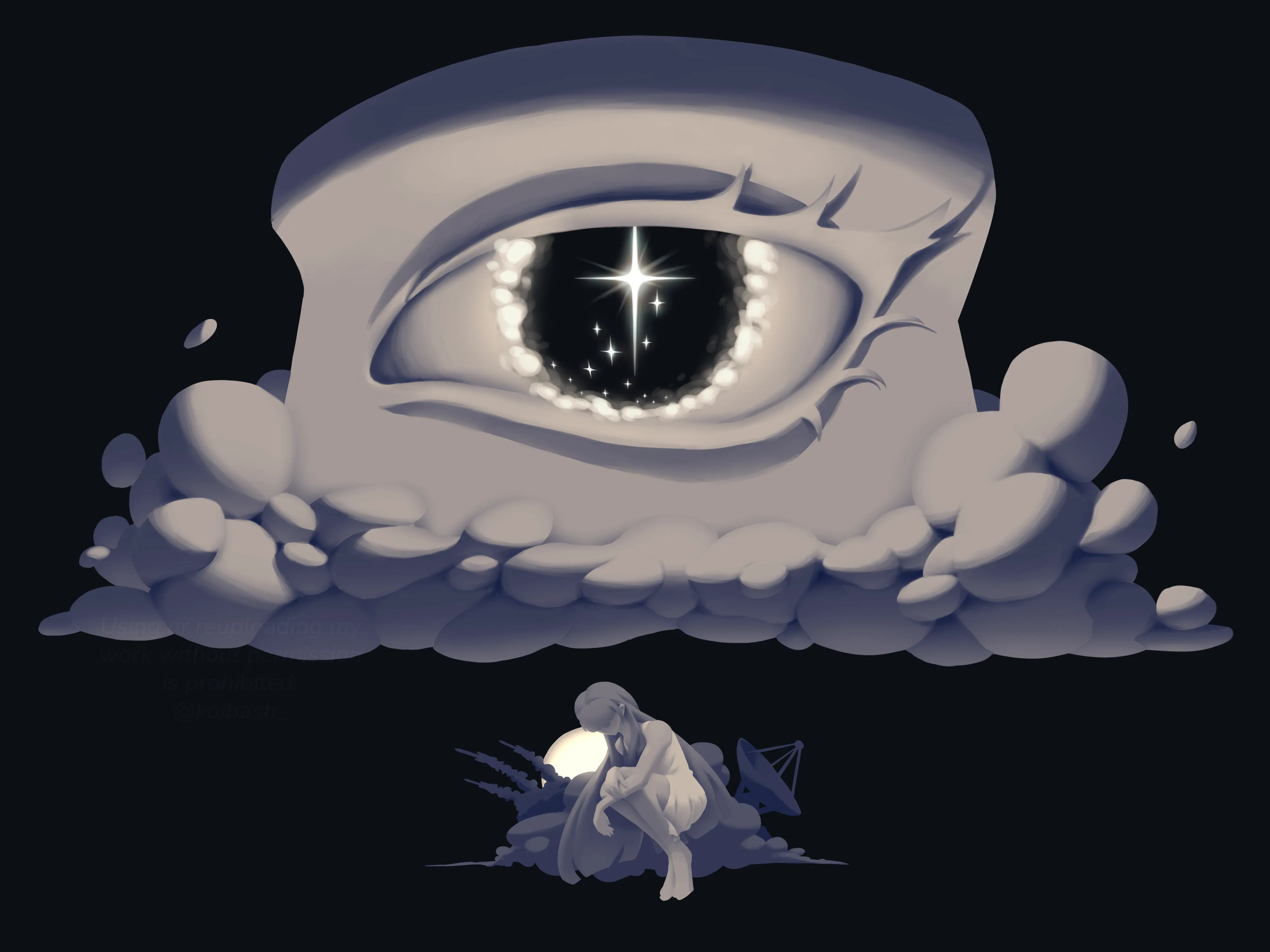 An artwork titled lightyears. It depicts an giant stone eye with stars in its pupil. Underneath is a lonely lady with clouds, rockets, and a radar in the background.