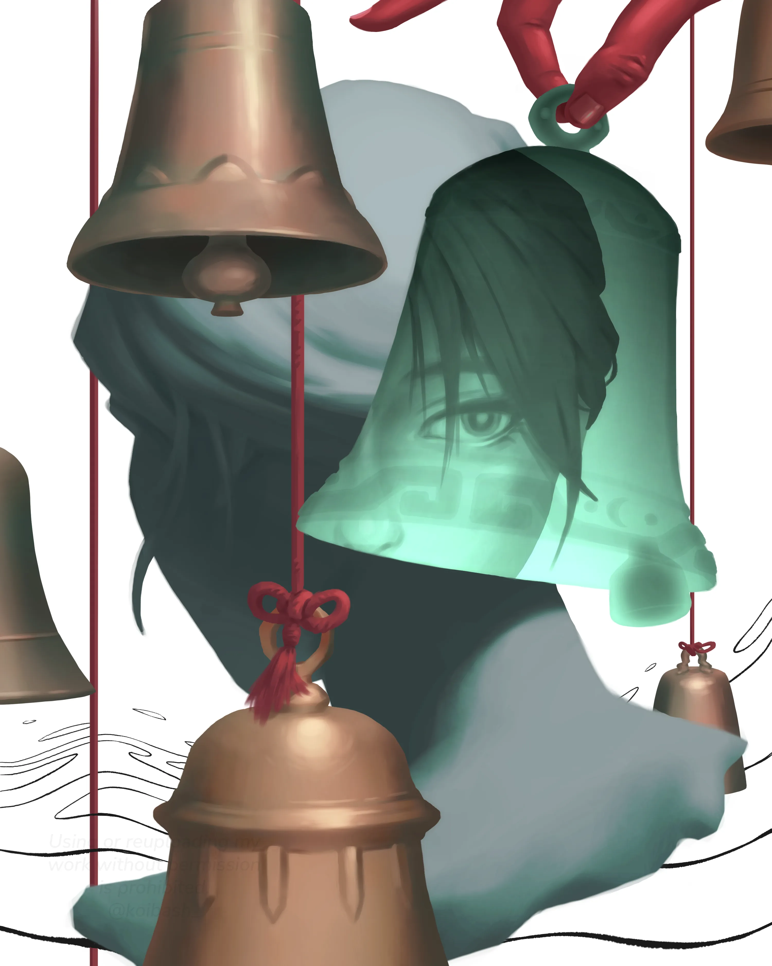 An artwork titled Nostalgia. In the center is a head turned away. Surrounding the head are many bells hanging on strings. The front-most bell is ethereal and shows a women inside looking to the side.