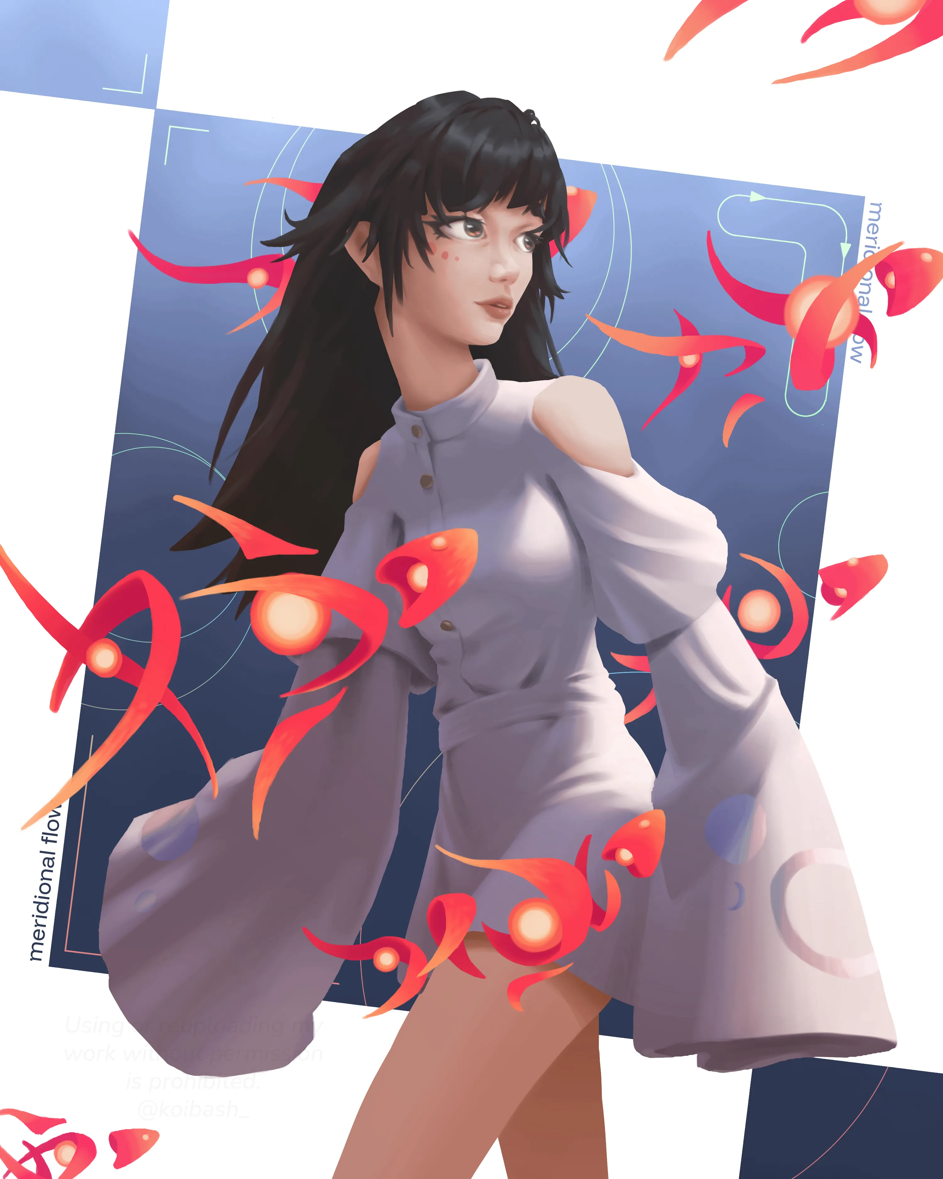 An artwork titled pale-bright passage. It depicts an girl looking towards the sun as a school of solar fish fly toward it.