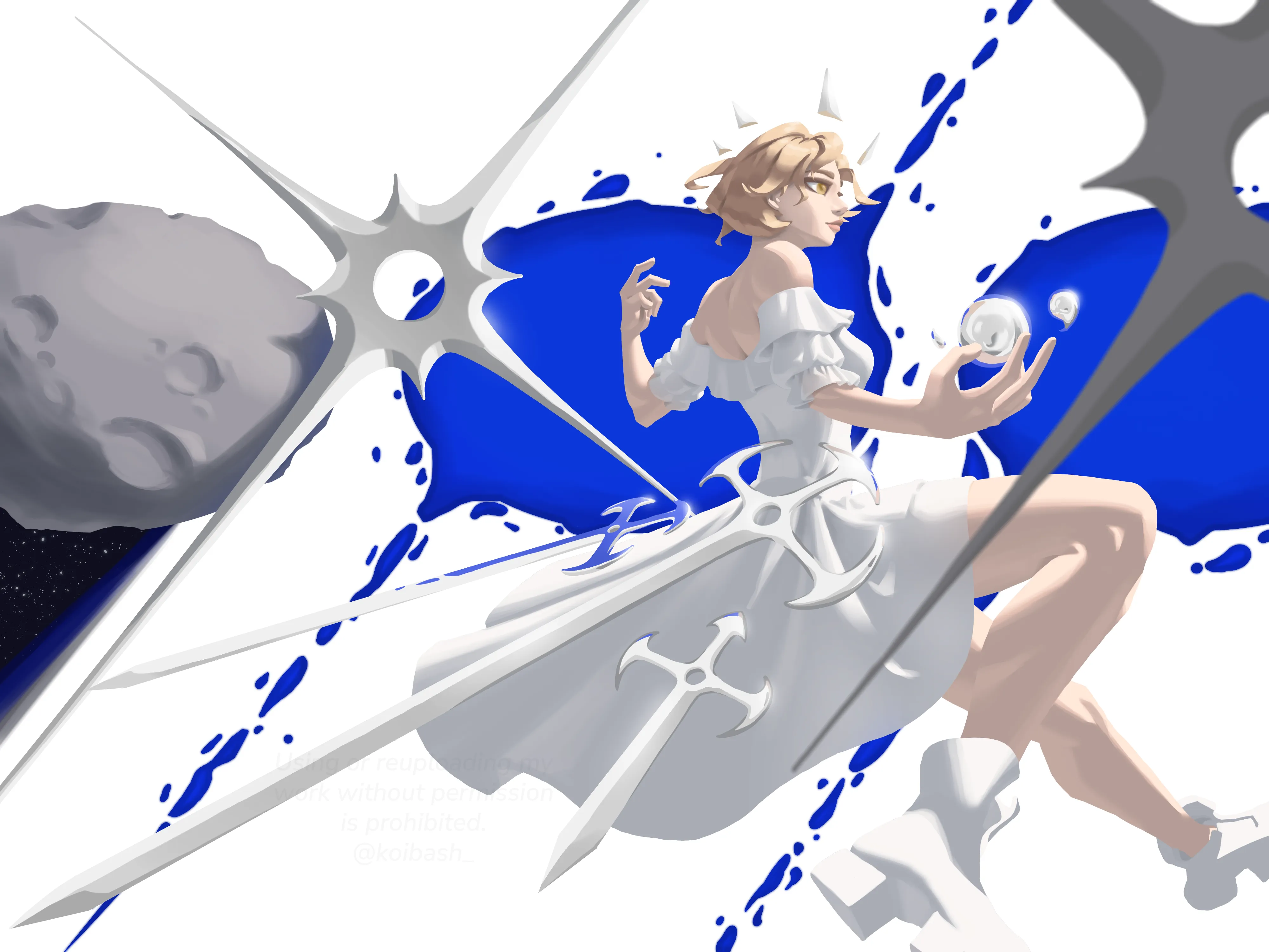 An artwork titled syzygy. It depicts a woman in a white dress who controls a silver substance to create weapons.